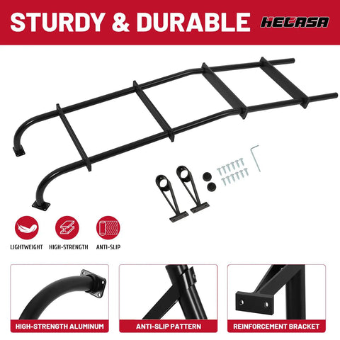 Rugged Lightweight Aluminum Ladder Rack For Ford E Series Vans And Chevy GMC Vans With Black Ladder Hook Durable Roof Carrier Weatherproof Finish Easy Install Beefy Strength Construction ladder rack kit with brackets, screws, and anti-slip supports