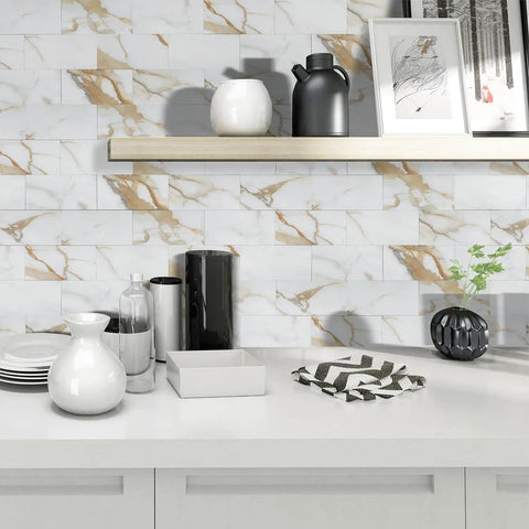 Kitchen backsplash with Calacatta Gold Marble Peel And Stick Backsplash Tiles 6 Inch By 3 Inch Self Adhesive PVC Subway Tile Kit