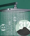 Thermostatic Shower System, Shower Head releasing water droplets, modern brushed gold finish, designed for wall-mounted setup.