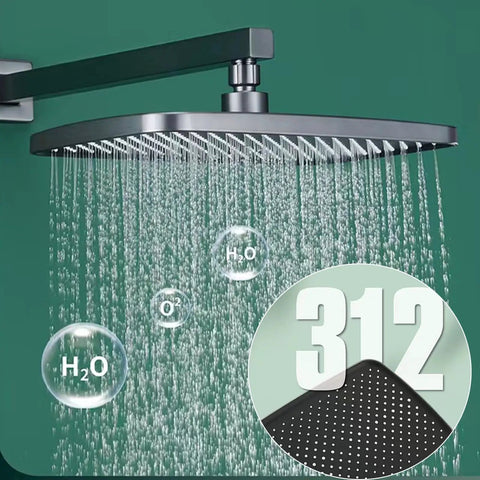 Thermostatic Shower System, Shower Head releasing water droplets, modern brushed gold finish, designed for wall-mounted setup.