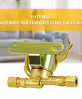 Front view of brass-bodied humidifier water solenoid valve with yellow wires and compression fittings