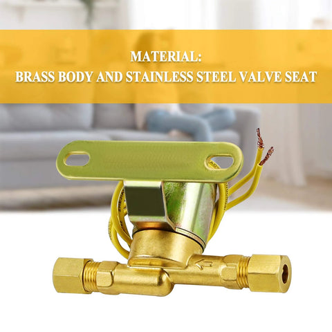 Front view of brass-bodied humidifier water solenoid valve with yellow wires and compression fittings