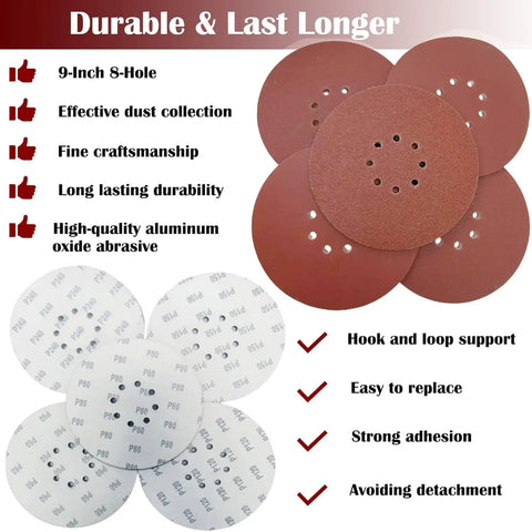 DIY Pro Grade 9 Inch Drywall Sanding Discs Set 50 Pack With 8 Hole Hook And Loop Backing showing durability and features