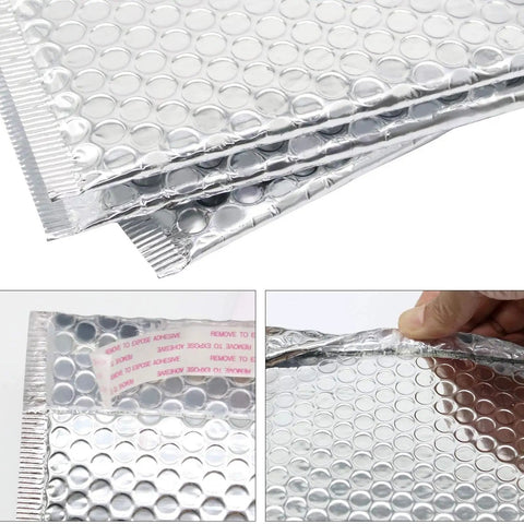 Close-up of 50 Pack 7x9 Inch Metallic Bubble Mailers Silver Self Seal Padded Envelopes showcasing texture, self-seal, and edge details.