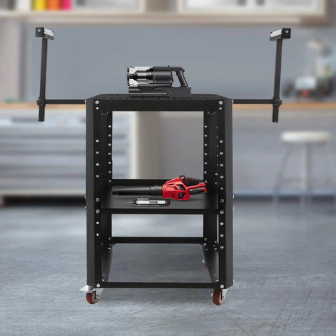 Heavy Duty Rolling Planer Stand With Buttery Smooth Glide Wheels And Pro Grade Adjustable Height Workbench Setup For Miter Saws And Bench Tools 550 Pound Rock Solid Shop Floor Mobile Tool Cart with power tools on top shelf.
