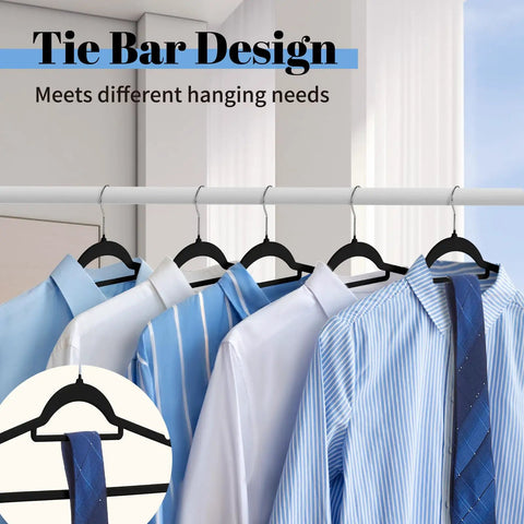 Shirts and tie on Black Velvet Hangers 20 Pack Space Saving Non Slip With Tie Bar Shoulder Notches Heavy Duty ABS Hangers