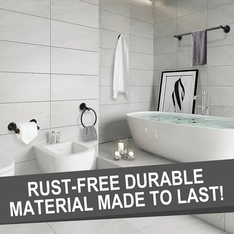 Bathroom with Black 4 Piece Bathroom Hardware Set With 18 Inch Or 24 Inch Towel Bar And Matching Towel Holders, modern sleek look