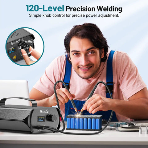Man using Portable Spot Welder With Farad Capacitor Energy Storage 3000F 120 Adjustable Gears for battery pack making