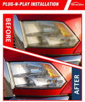 Before and after of Dodge Ram Headlight Assembly Replacement For 2010 To 2018 Ram 1500 2500 3500 Chrome Housing Amber Reflector OE Fitment