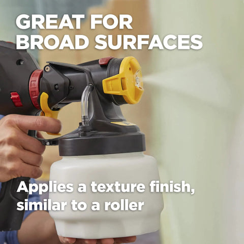 Person using iSpray Front End Nozzle for HVLP Sprayers Broad Interior and Exterior Coverage with Unthinned Coatings.