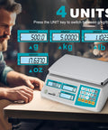 Heavy Duty Digital Counting Scale Delivers Point One Gram Precision Alongside Thirty Three Pound Capacity showing various weight units on display.