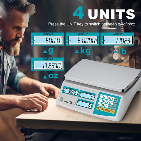 Heavy Duty Digital Counting Scale Delivers Point One Gram Precision Alongside Thirty Three Pound Capacity showing various weight units on display.