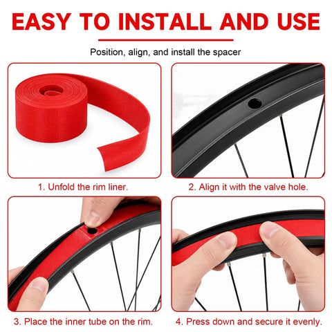 Four-step installation guide for Two Pack 26 Inch Bicycle Rim Liner Tape, 18mm Wide, High Pressure Puncture Resistant Tire Liner.