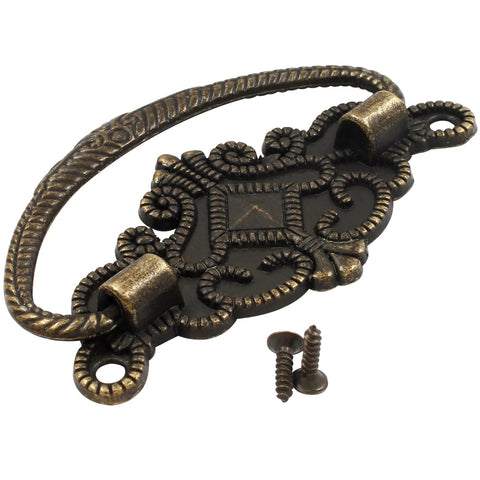 Six Pack Vintage Antique Bronze Drawer Pull Handles With Backplates For Retro Drawers Jewelry Boxes Kitchen Cabinets And Furniture Hardware 2.64 Inch Length And 1.69 Inch Width Premium Zinc Alloy close-up view