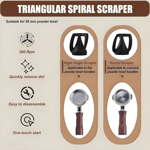 Triangular spiral scraper for 58mm powder bowl, featuring right angle and round scrapers for efficient dirt removal.