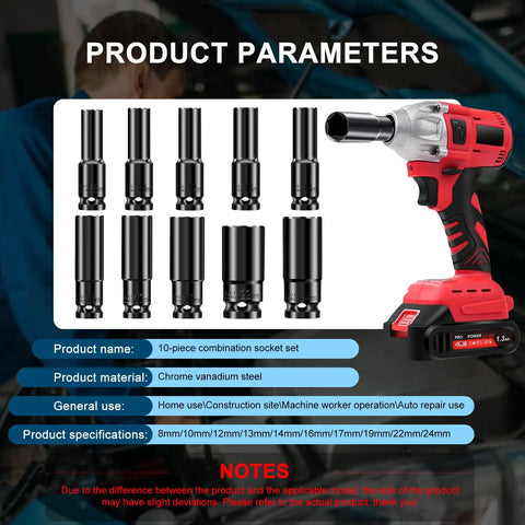 Top Notch 10 Piece Deep Impact Socket Set Metric 8 To 24mm For Tough Lug Nut Removal And Heavy Duty Automotive Maintenance With Durable Cr-V Steel Construction Built Like A Boss For Trucks SuVs And Motorcycles, 10-piece chrome vanadium steel sockets with impact wrench