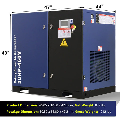 Beefy 30HP Rotary Screw Air Compressor Delivers 123 CFM at 125 PSI 460 Volts Three Phase Fixed Speed Industrial Grade Unit for Continuous Duty Manufacturing and Heavy Load Air Demands, blue enclosed cabinet, 47 x 33 x 43 in