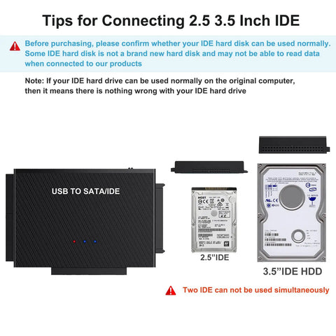 Hard Drive Reader USB 3.0 To SATA IDE Adapter Kit For Universal 2.5 Or 3.5 HDD SSD, External Data Recovery Converter With Type C Support, 12V/2A Power Adapter, Works With SATA IDE And 5.25 Inch Optical Drives, 2.5 and 3.5 IDE HDD compatibility guide