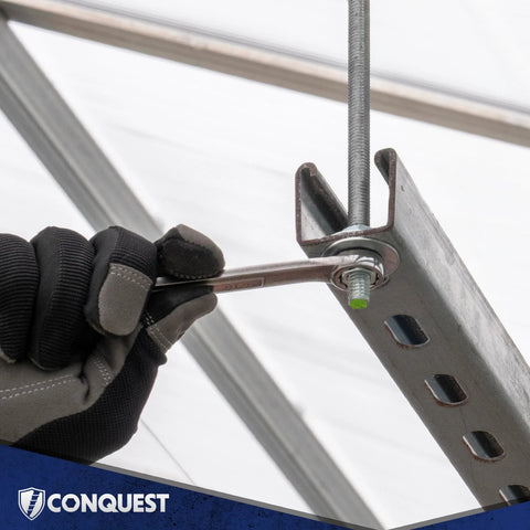 304 stainless steel fully threaded rod, 5/8 in, 36 in, right-hand threads, close-up of wrench tightening on a metal bracket.