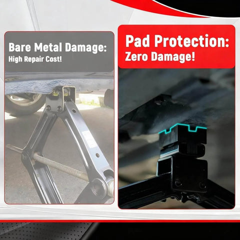 Comparison of bare metal scissor jack and Universal Scissor Jack Pads Rubber Pinch Weld Saddle Protector For Two Ton Jacks Anti Slip Car Lift Pad