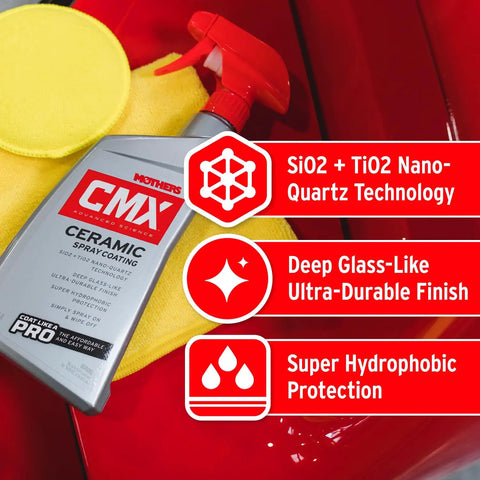 CMX Ceramic Spray Coating For Cars 24 Oz Easy To Apply Pro Grade Long Lasting Protection With SiO2 TiO2 Ultra Gloss Finish And Super Hydrophobic Water Beading in red spray bottle next to car surface.