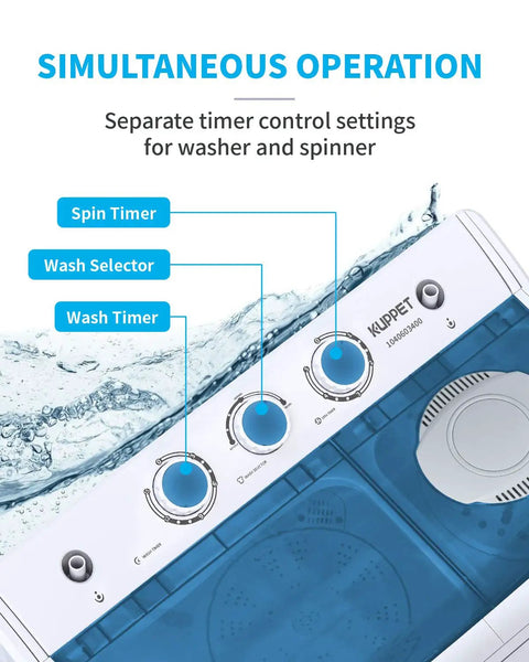 Control panel of Compact Twin Tub Portable Mini Washer With Built In Drain Pump Semi Automatic Spin Dry Cycle showing timer settings.