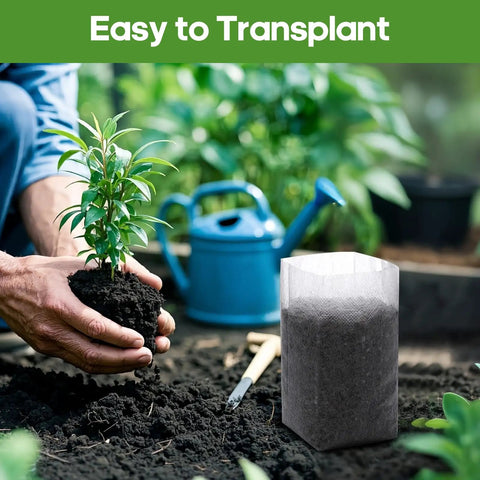 Eco Friendly Biodegradable Plant Grow Bags 5.5x6.3 Inches 200 Pack Non Woven Seed Starter Pots in garden setting