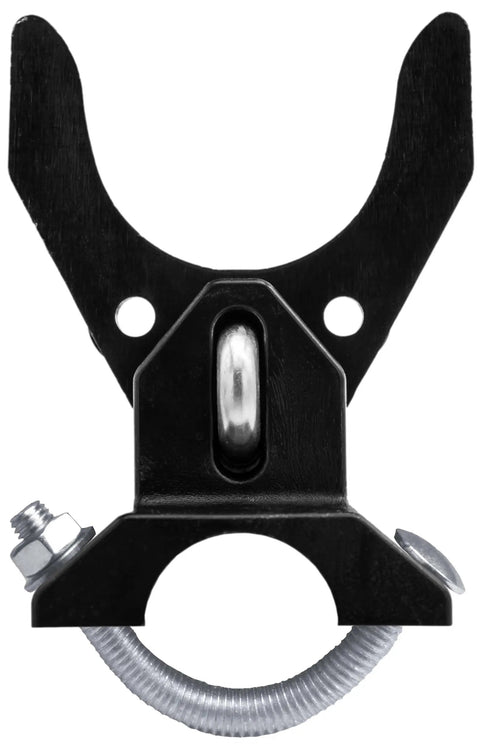 Rugged Push Style Pool Gate Latch For Chain Link Fences Drops Right Onto One Five Eight Inch Frames And One Seven Eight Inch Posts Delivers Knockout Protection With Total Ease In A Killer Bulk Pack Of Thirty Five close-up of latch mechanism with black finish, adjustable clamp, and auto-latching feature.