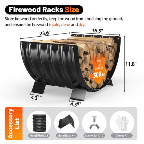 Go-To Rustproof Metal Firewood Rack For Outdoor Fire Pit And Indoor Fireplace Storage with stacked firewood, dimensions shown.