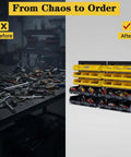 Before and after comparison showing Wall Mounted Storage Bins 30 Compartment Tool Organizer Rack For Tools Hardware Crafts Office Supplies