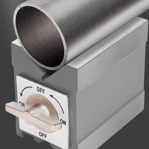 Eminchu Magnetic V Block With Switch, 30kg Force Heavy Duty Cast Iron Alignment Fixture For Machining Inspection. Close-up of v block with cylindrical stock.