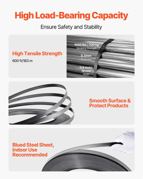 Beefy Heavy Duty Steel Banding Strapping Kit With 600 Ft Binding Straps And 300 Metal Seals strength specs and durability shown
