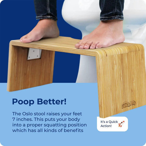 Person using Oslo Folding Bamboo Toilet Stool 7 Inch Height around toilet for proper squatting, promoting comfortable use.