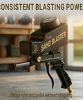 Portable Sand Blaster Gun Kit for rust removal, glass etching, and paint stripping with gravity feed reservoir shown on table