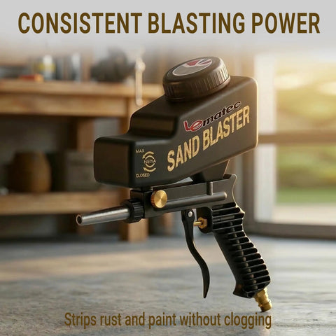 Portable Sand Blaster Gun Kit for rust removal, glass etching, and paint stripping with gravity feed reservoir shown on table