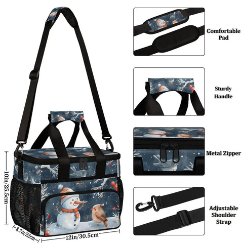 Insulated Picnic Backpack Lunch Box for Outdoors and Work, Big 12x8.7x10 Inch with snowman design and adjustable strap