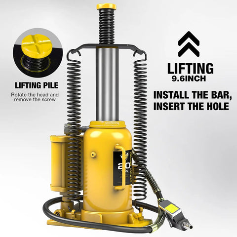 Top Shelf Pneumatic Air Bottle Jack With 20 Ton Capacity And Manual Hand Pump Plus Air Pump for heavy-duty lifting with 9.6 inch lift.