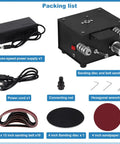 Packing list for Topshelf Mini Belt And Disc Sander Combo featuring seven-speed power supply, sanding belt and disc components.