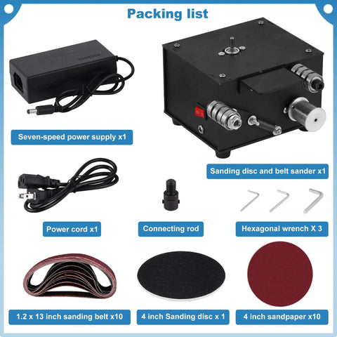 Packing list for Topshelf Mini Belt And Disc Sander Combo featuring seven-speed power supply, sanding belt and disc components.