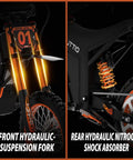 Dual Pack Electric Dirt Bikes 48V Off Road E Motorcycle Set with front hydraulic suspension fork and rear nitrogen shock absorber.