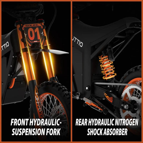 Dual Pack Electric Dirt Bikes 48V Off Road E Motorcycle Set with front hydraulic suspension fork and rear nitrogen shock absorber.