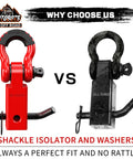 Comparison of red and black towing accessories with 2-Inch Beefed Up Tow Hitch Receiver and D-Ring Shackle for off-road vehicles