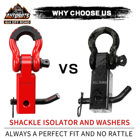 Comparison of red and black towing accessories with 2-Inch Beefed Up Tow Hitch Receiver and D-Ring Shackle for off-road vehicles
