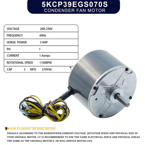 Beefy One Quarter HP Condenser Fan Motor With 1100 RPM, 48 Frame, 208 to 230V, replacement for Carrier 5KCP39EGS070S