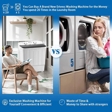 Comparison of Compact Portable Twin Tub Washing Machine Including Free Clothes Drying Rack And Hangers with laundromat use.
