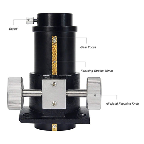 Rack And Pinion 1.25 Inch Focuser For Newtonian Reflectors With 65mm Travel, brass ring, all metal focusing knob