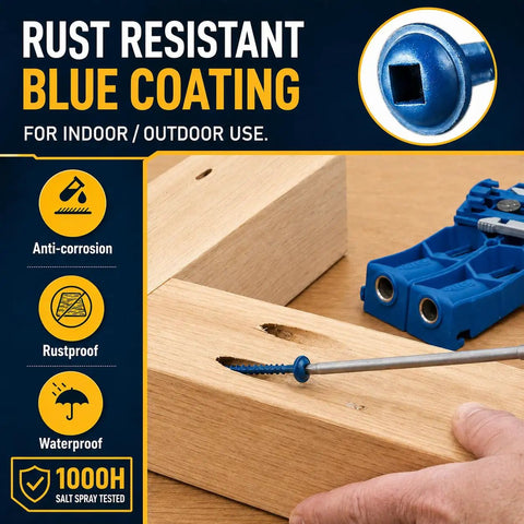 600 Pcs Size 8 Pocket Hole Screws 2-1/2 In Exterior Blue Coated for drilling in wood, shown with rust-resistant features.
