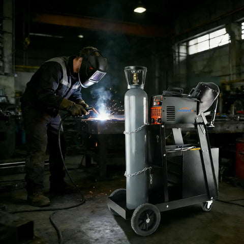 Heavy Duty Welder Cart With 2 Tier 4 Drawer Storage, 265 Lbs Load Capacity in use by a welder in an industrial setting