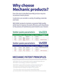 Infographic on Mechanic products showcasing solder paste parameters UV223 and UV559, highlighting quality and efficiency principles.