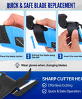 Powerful Heavy Duty Cordless Electric Scissors For Cardboard And Box Cutting With Safety Lock Rechargeable Cutter Kit Includes Two Extra Blades Protective Case Charging Cable And Manual blade replacement steps